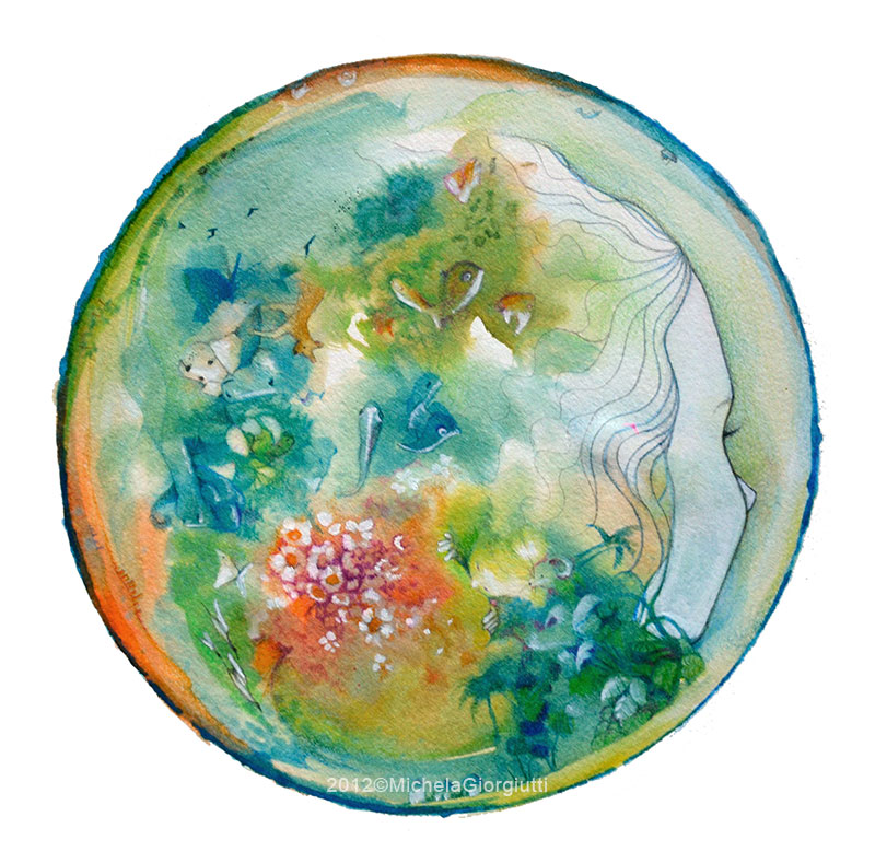 Testa di bambina a forma di bolla che contiene animali piante luoghi del mondo