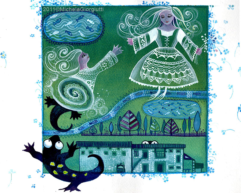 Alcune salamandre si trasformano in fanciulle vicino a case rustiche