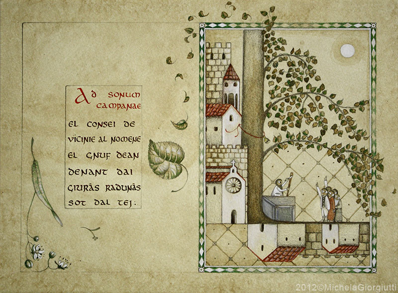 Doppia pagina che richiama un manoscritto medievale con assemblea di persone sotto un tiglio