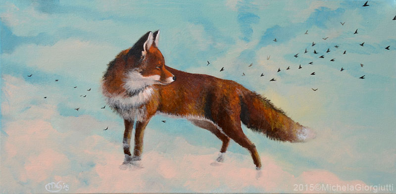 Volpe sulle nuvole che guarda uccelli