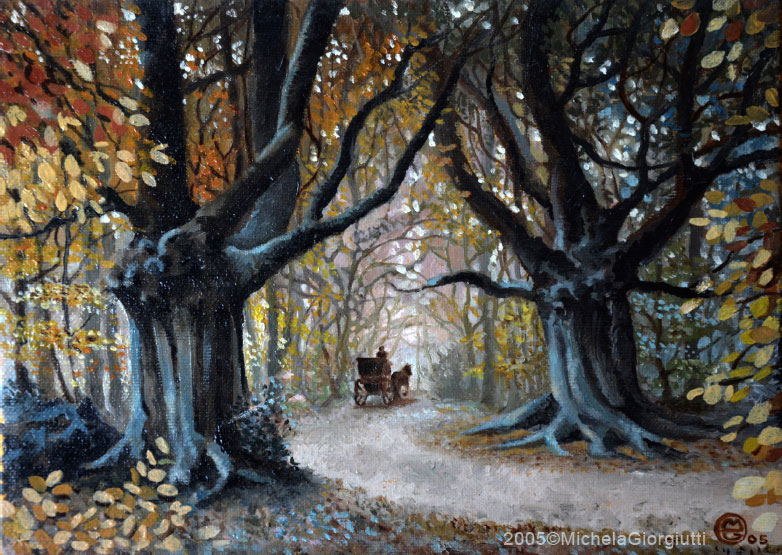 Carrozza nel sentiero del bosco d'autunno con querce