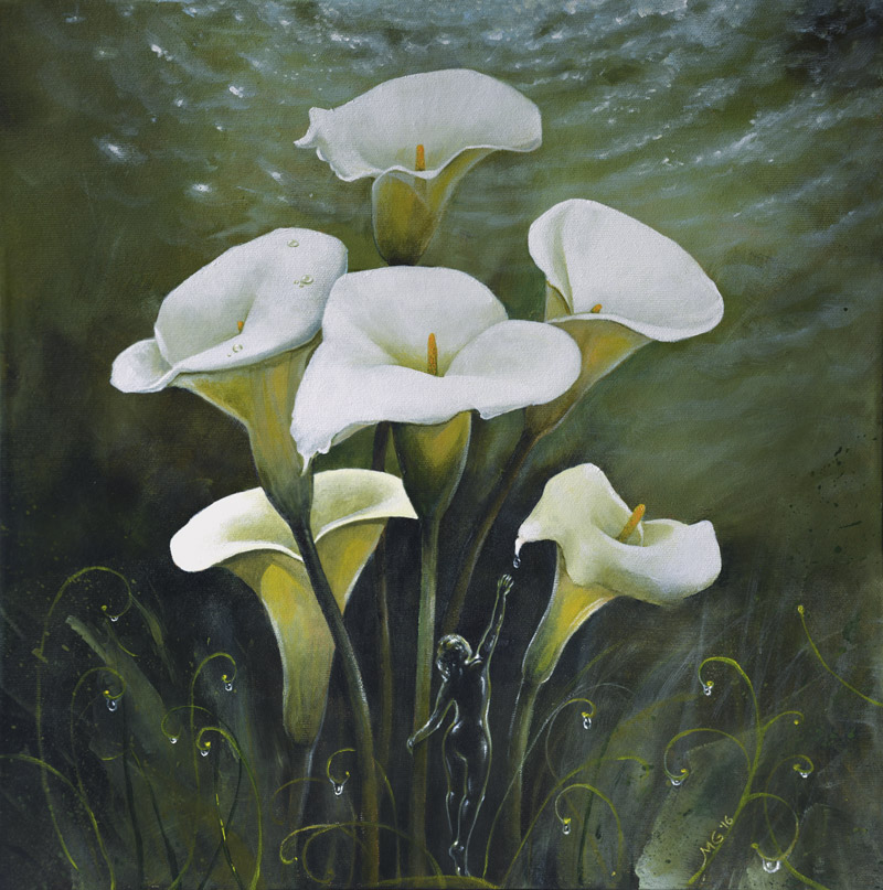 Calle bianche in riva al ruscello con gocce di acqua brillanti