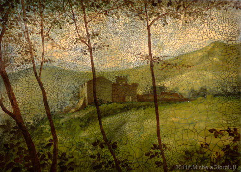 Craquelet con veduta tra i rami del castello di Caneva su collina verde