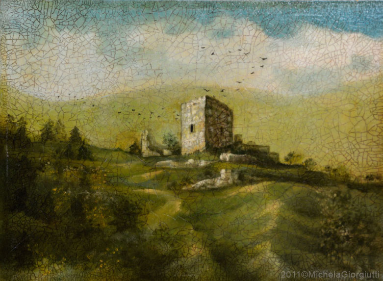 Veduta delle rovine del castello Moscardo Friuli craquelet