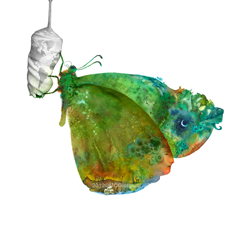 Da un bozzolo a forma di mondo terrestre esce una farfalla coloratissima