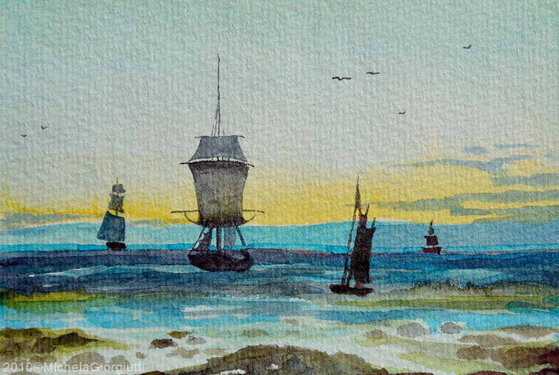 Acquerello di velieri sul mare all'alba