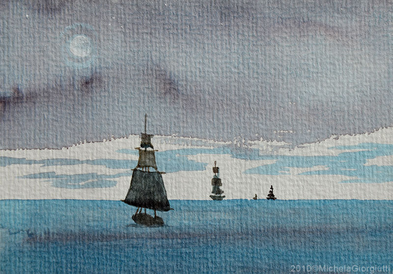 Acquerello con velieri sul mare d'inverno