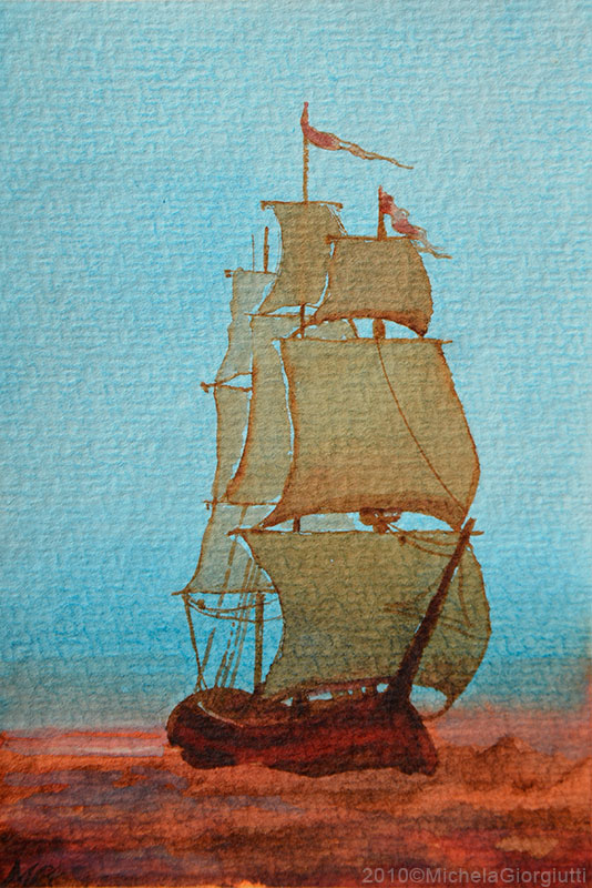 Acquerello con veliero sul mare al tramonto