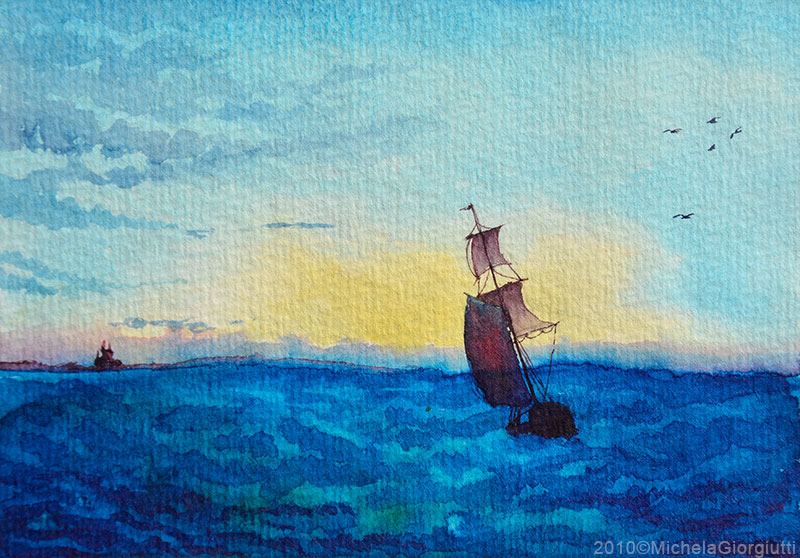 Acquerello di veliero sul mare al tramonto con gabbiani