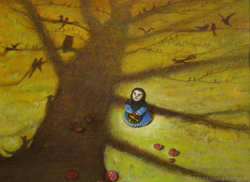 Una bambina osserva i rami di un albero carichi di animali