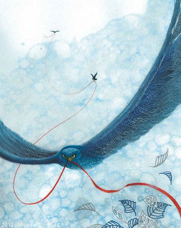 Tre falchi blu volano tenendo nel becco un nastro rosso