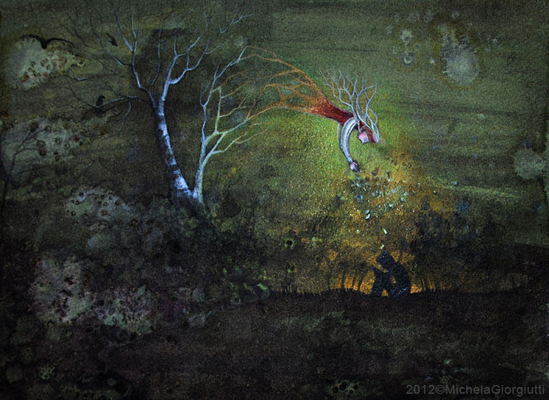 Una ragazza esce dai rami di una betulla e si china verso un ragazzo che legge un libro