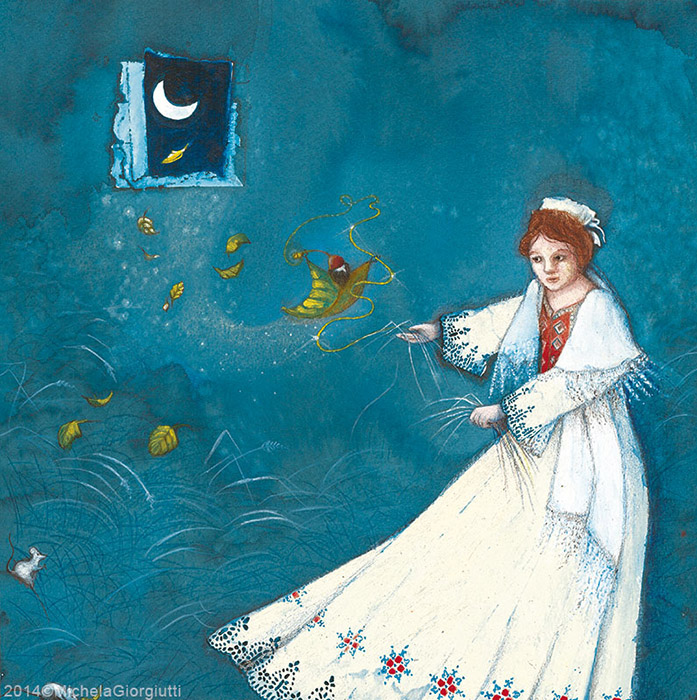 Un folletto vestito di foglia trasforma in oro la paglia che ha in mano una ragazza