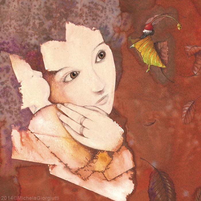 Una ragazza stringe un bambino proteggendolo da un folletto vestito di foglia