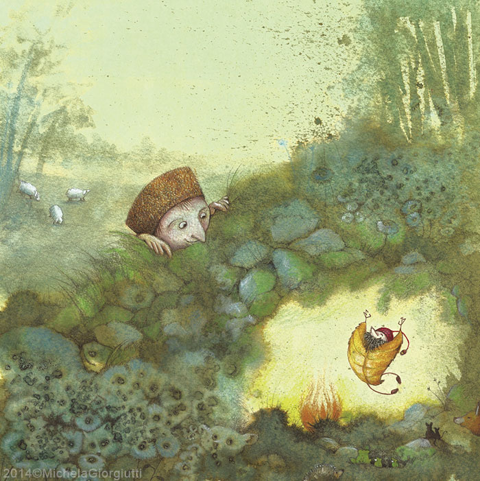 Un pastore osserva non visto un folletto vestito di foglia ballare intorno al fuoco