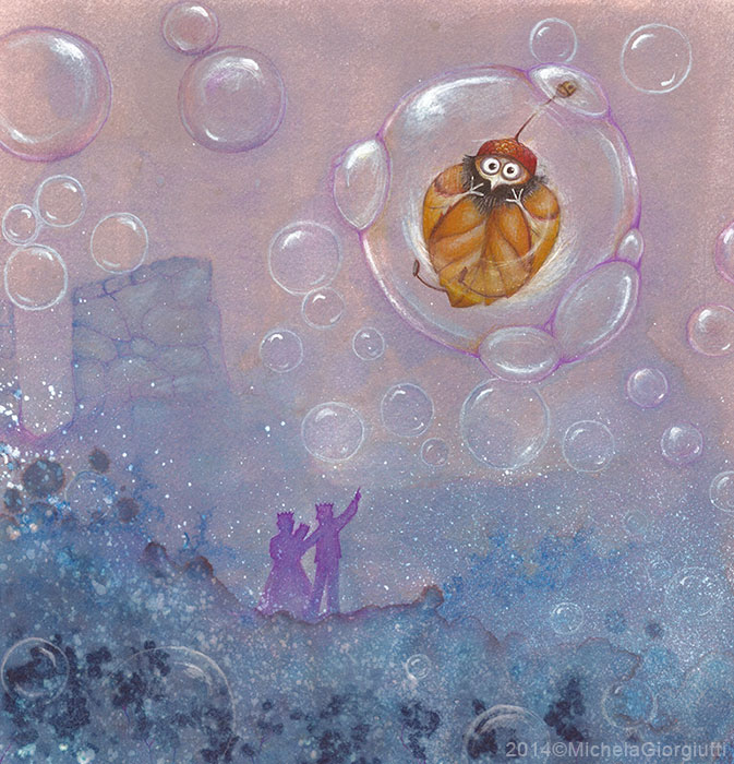 Un folletto vestito di foglia vola via dentro una bolla di sapone