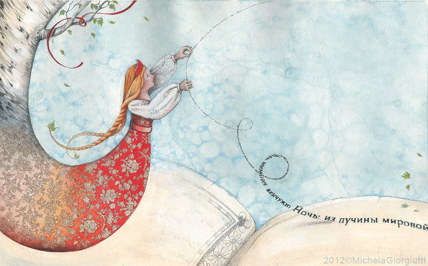 Una donna esce da un tronco di betulla e tiene tra le mani un filo di parole