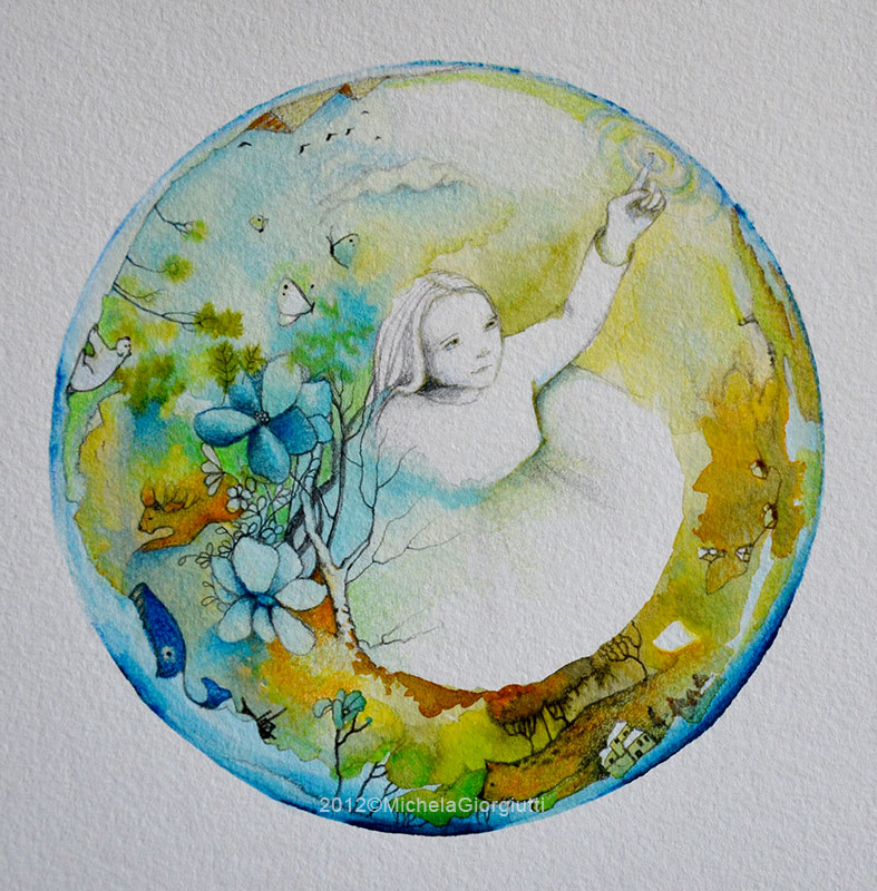 Bambina dentro una bolla che contiene animali e piante