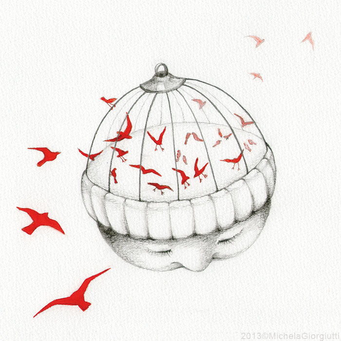 Uccelli rossi che attraversano la testa a forma di gabbia di un bambino