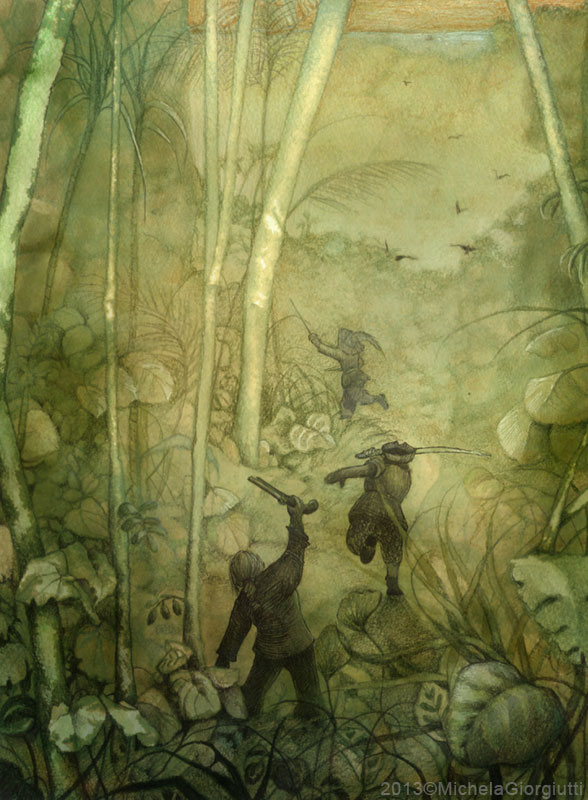 Tre figure armate escono correndo da una foresta tropicale