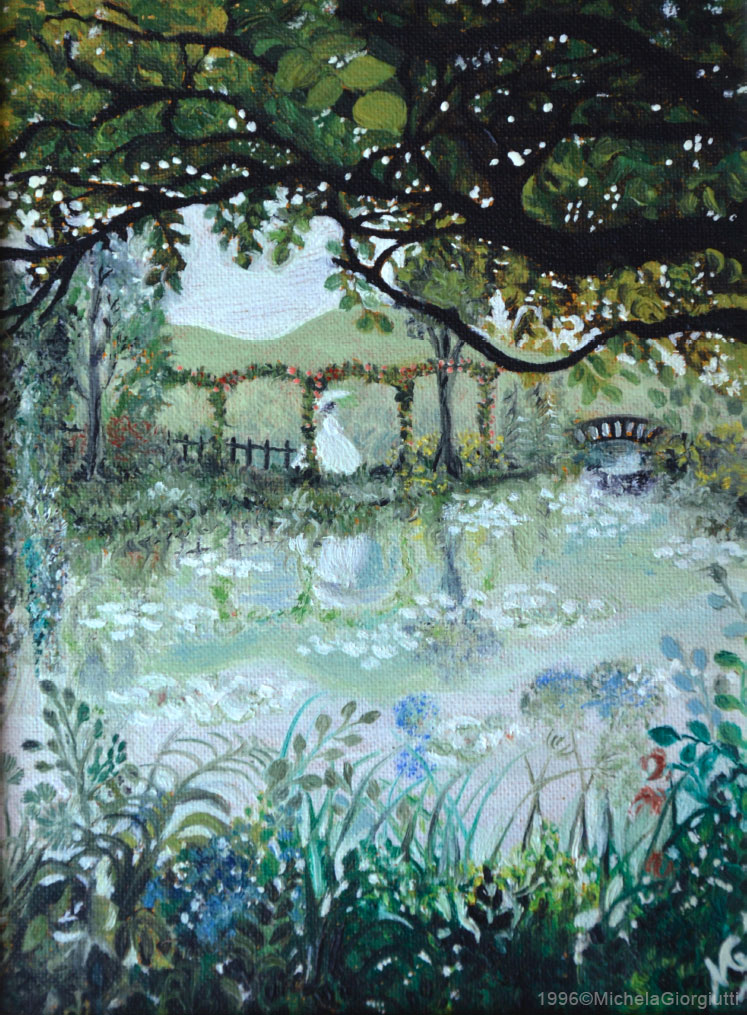 Donna che cammina verso ponte con giardino verde di fiori e lago