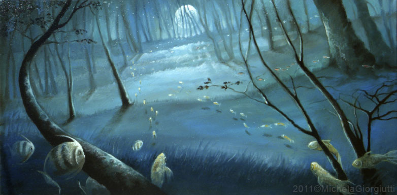 Pesci che nuotano tra gli alberi della foresta blu