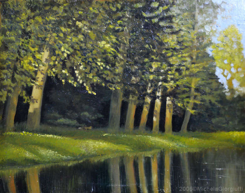 Minuscola volpe che corre tra gli alberi di un bosco in riva al lago