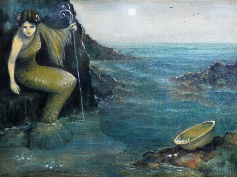 Sirena che raccoglie perle dal fondo del mare