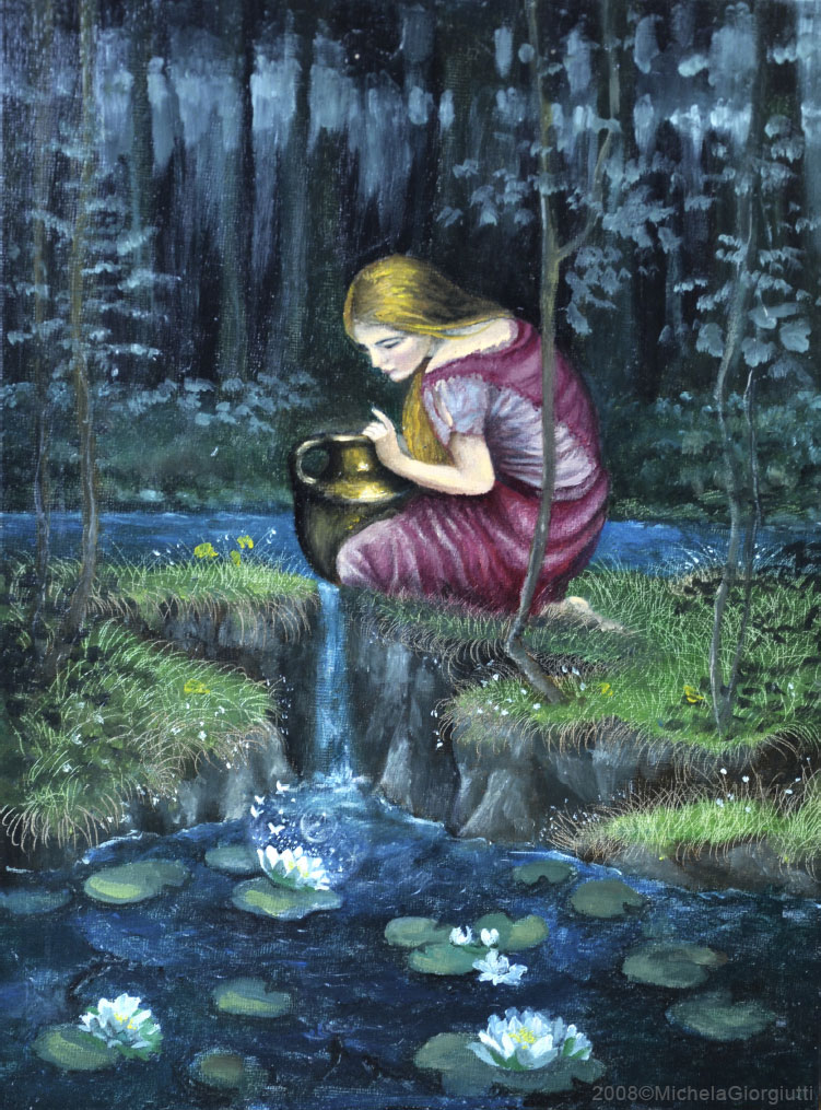Ragazza con anfora al ruscello che osserva una ninfea con sfera di vetro