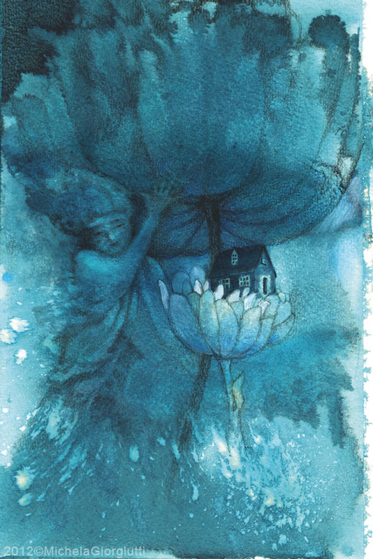 Figura femminile solleva una corolla mostrando un fiore con una casa