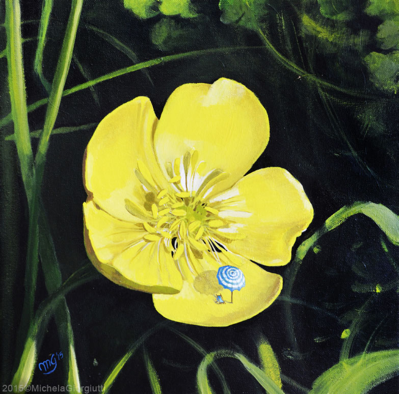 Fiore giallo con mini ombrellone e sdraio all'interno