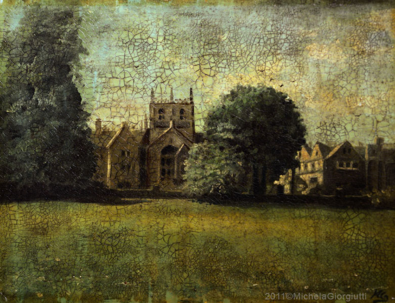 Veduta in craquelet del college di Merton dal prato del parco