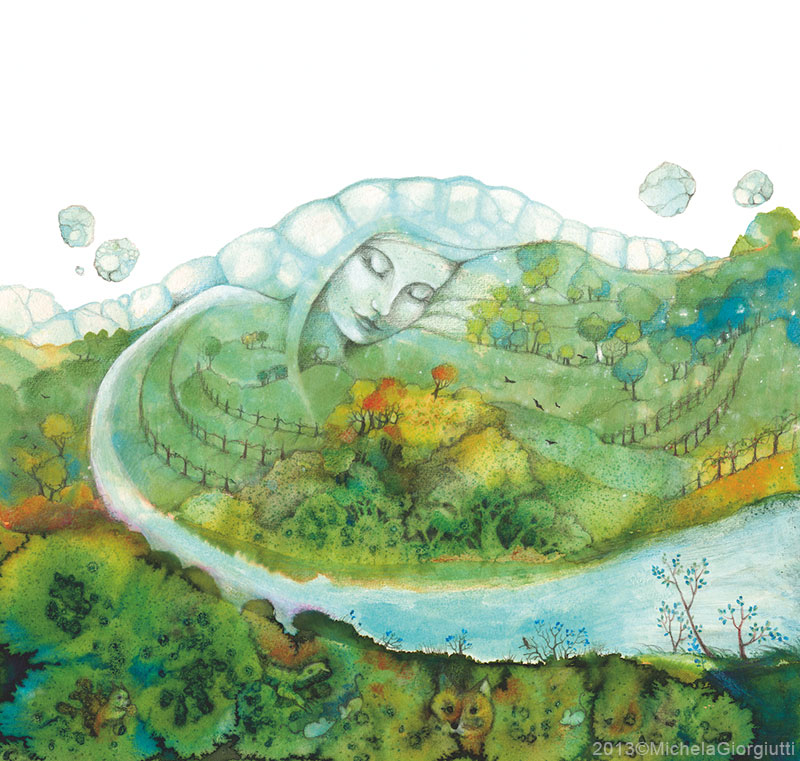 Una donna grande come una montagna si trasforma in fiume che abbraccia la terra