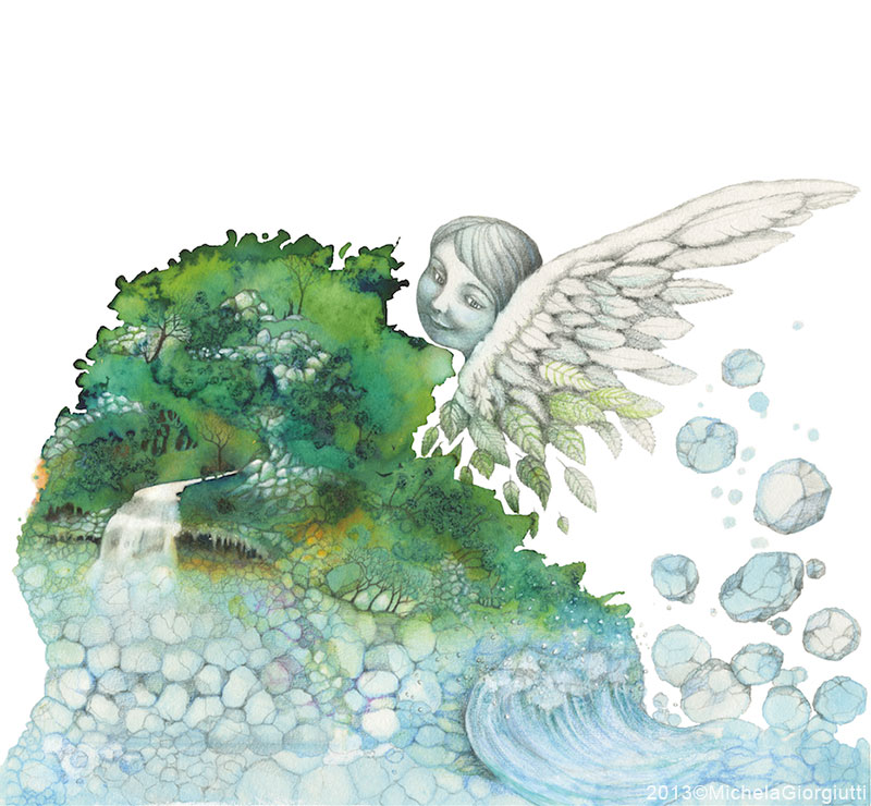 Un angelo perde delle pietre che compongono la riva di un fiume