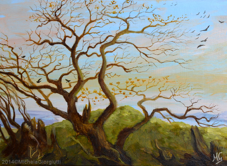 Albero con rami nodosi e corvi all'alba