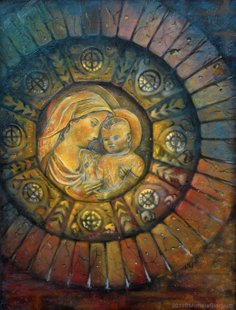 Riproduzione da terracotta originale di Madonna con bambino in cornice floreale