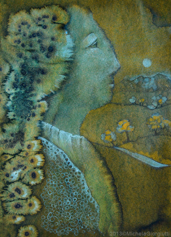 Profilo di dama rinascimentale e paesaggio rupestre sullo sfondo