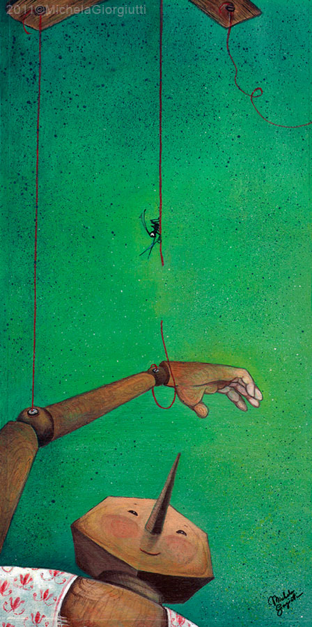 Il grillo coscienza taglia i fili che legano Pinocchio in trasformazione