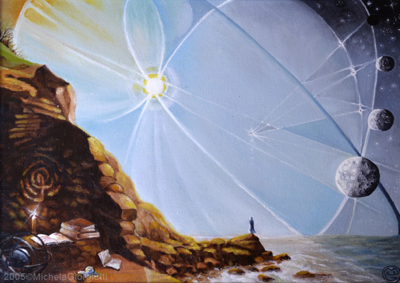 Uomo che osserva orbite dei pianeti dalla scogliera