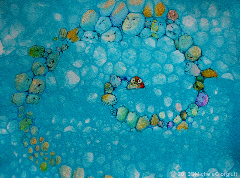 Girotondo a spirale di pietre con volti umani