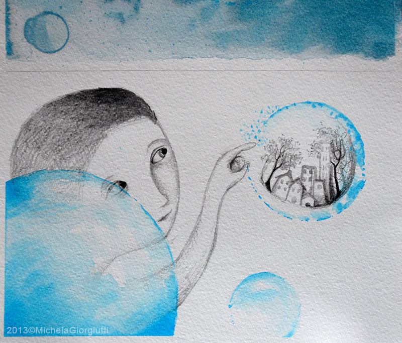 Illustrazione con bambino che fa scoppiare una bolla con dentro la città