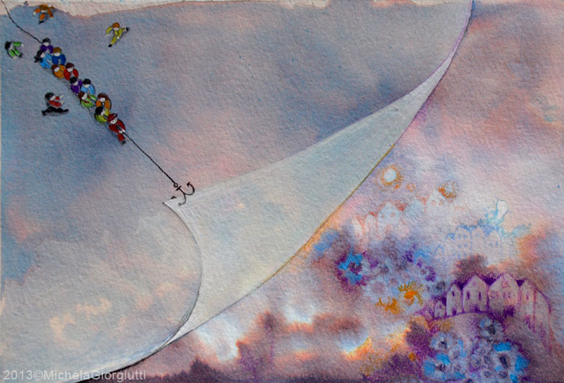 Illustrazione acquerello e matite di persone che sollevano un velo sopra la città