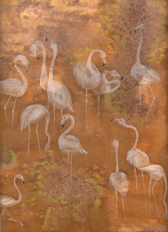 Illustrazione con fenicotteri bianchi su lago dorato