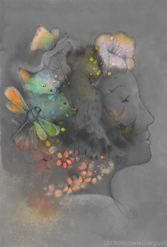 Illustrazione di volto abitato da fiori e animali